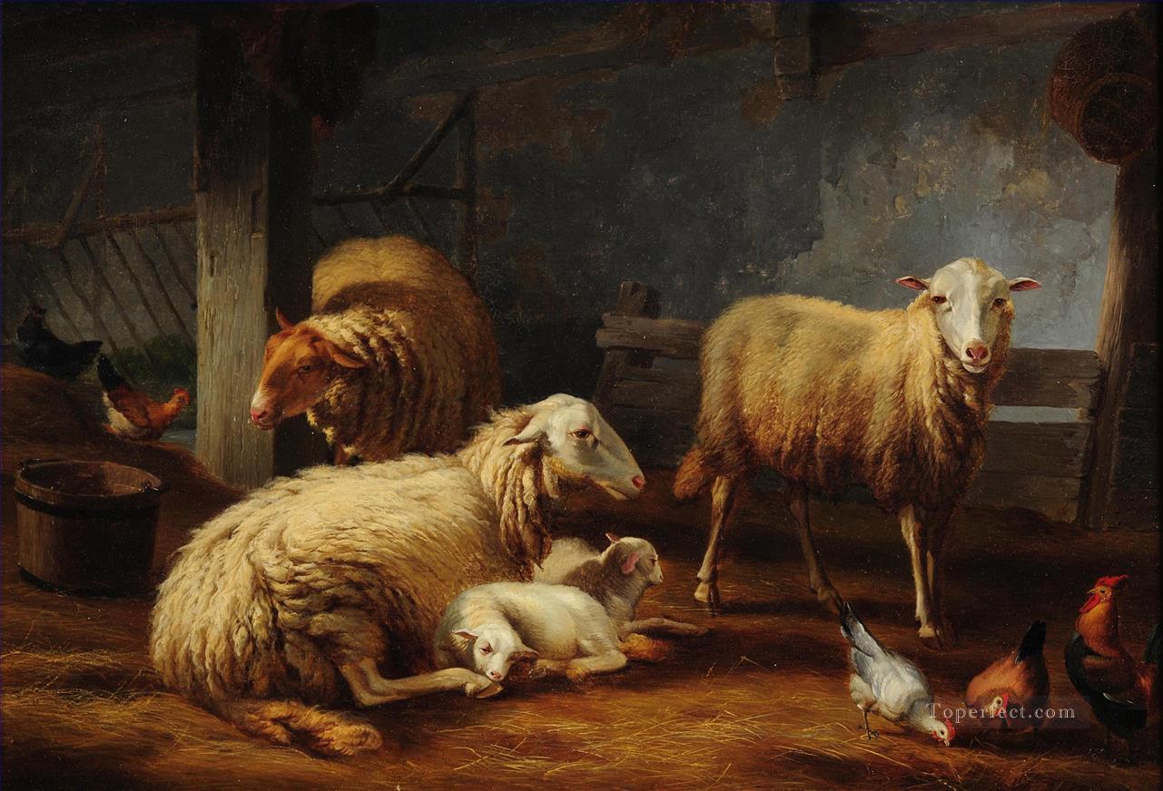 Schaf und Huhn im Stall Ölgemälde